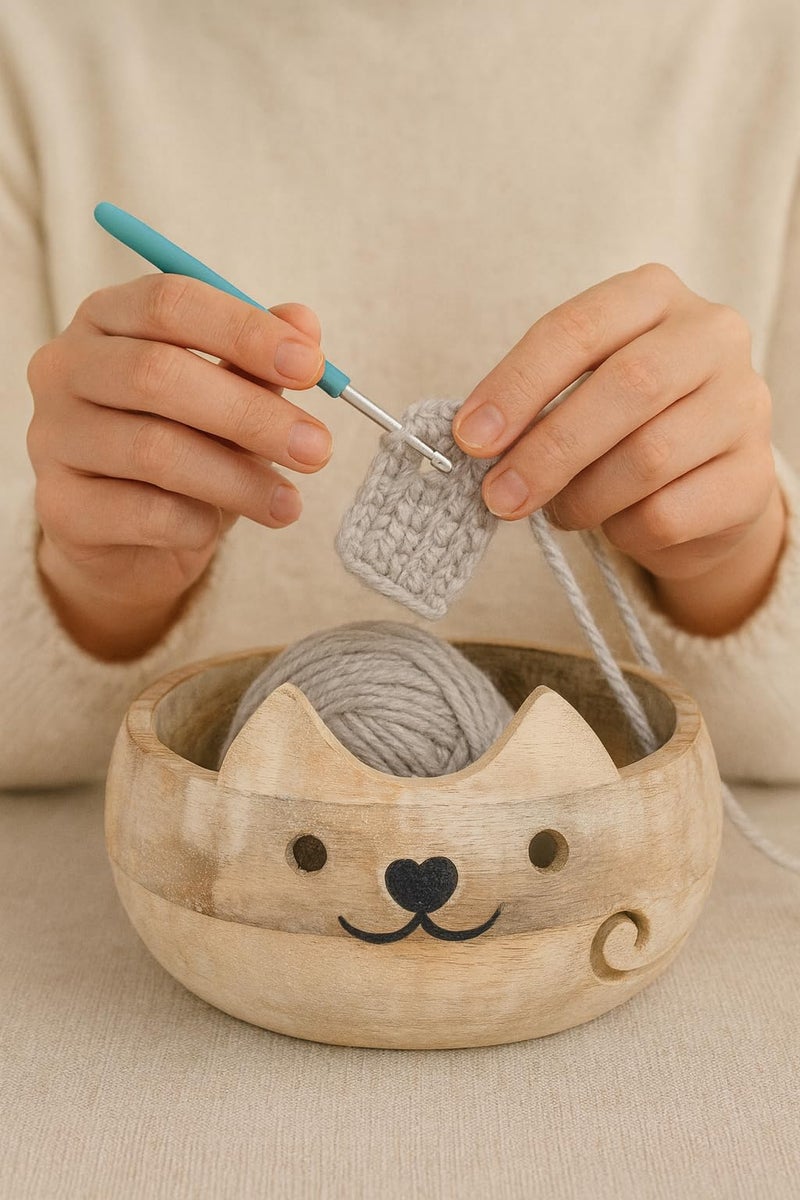 Eximious India Gifts for Women Wooden Yarn Bowl Knitting Bowl Large Crochet Yarn Holder Handmade Crocheting Accessories and Supplies Organizer 7 x 3 CATGRAY - Image 5